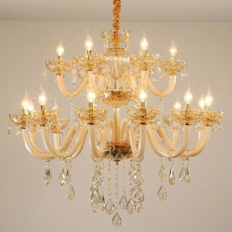 Eleganter Kristall-Kronleuchter, europäische Cognac-Farbe, Deckenleuchte, Glaskörper, doppellagig, 12 + 6 Lichter Eleganter Kristall-Kronleuchter, europäische Cognac-Farbe, Deckenleuchte, Glaskörper, doppellagig, 12 + 6 Lichter