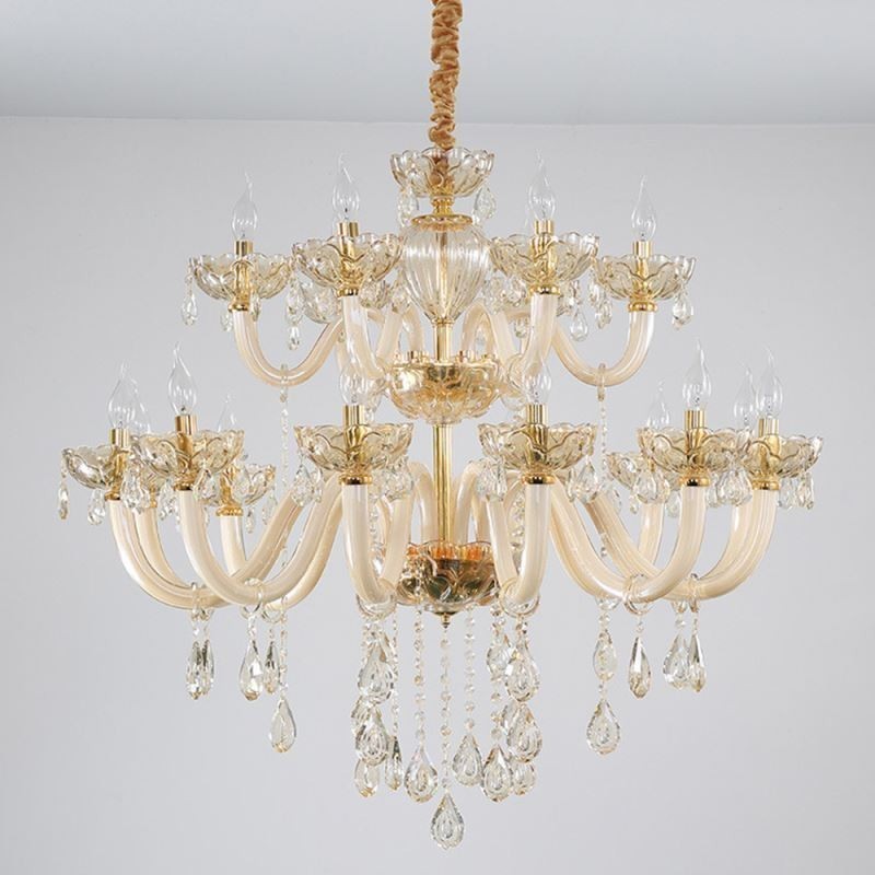 Eleganter Kristall-Kronleuchter, europäische Cognac-Farbe, Deckenleuchte, Glaskörper, doppellagig, 12 + 6 Lichter