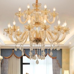 Eleganter Kristall-Kronleuchter, europäische Cognac-Farbe, Deckenleuchte, Glaskörper, doppellagig, 12 + 6 Lichter