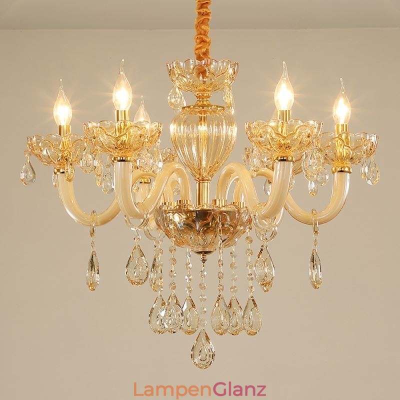 Wunderschöner Kristall-Kronleuchter, europäische Cognac-Farbe, Deckenleuchte, Glaskörper, 8 Lichter