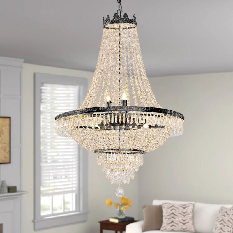 Klassischer Kristall-Kronleuchter, schwarz, Empire-Stil, Pendelleuchte, 9 Lichter