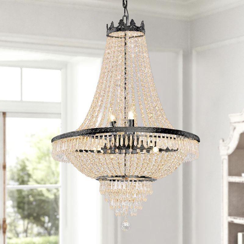 Klassischer Kristall-Kronleuchter, schwarz, Empire-Stil, Pendelleuchte, 9 Lichter