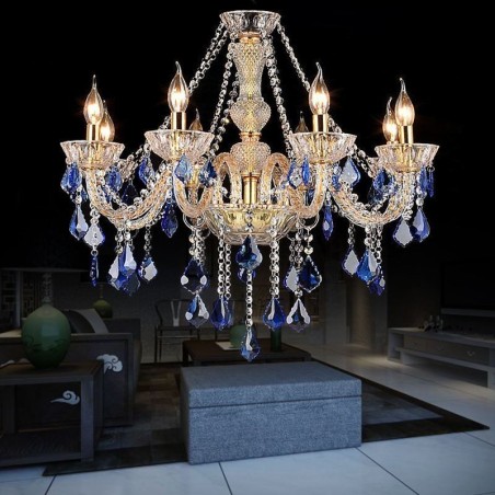 Europäischer Kristall-Kronleuchter Luxus Pendelleuchte Blau Anhänger Europäischer Kristall-Kronleuchter Luxus Pendelleuchte Blau Anhänger