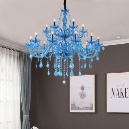 Großer Kristall-Kronleuchter Europäische Pendelleuchte Hellblaue Farbe Ästhetik