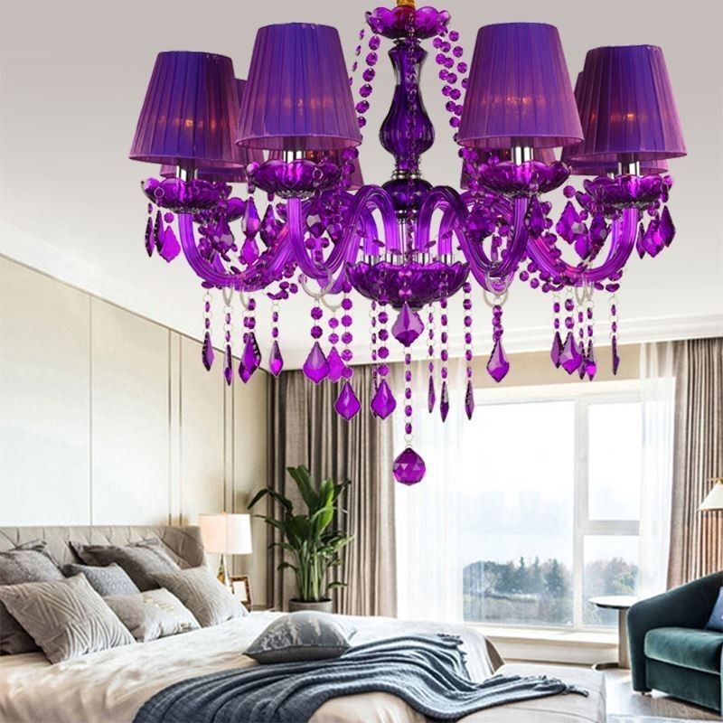 Eleganter Kristall-Kronleuchter im europäischen Stil, violette Pendelleuchte