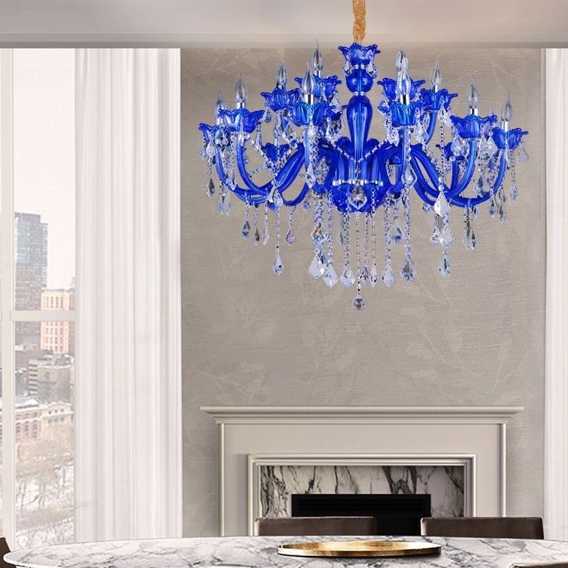Kristall-Kronleuchter im europäischen Stil, blaue Pendelleuchte aus Kristallglas