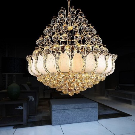 Zeitgenössischer Kristall-Empire-Kronleuchter in Goldfarbe, Pendelleuchte Lotus Zeitgenössischer Kristall-Empire-Kronleuchter in Goldfarbe, Pendelleuchte Lotus