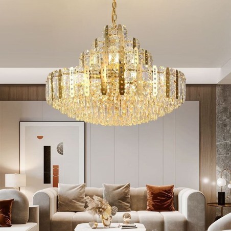 Kristall-Pendelleuchte 4. Etage Luxus-Dekrative Deckenleuchte mit goldenem Hohleisenblech Kristall-Pendelleuchte 4. Etage Luxus-Dekrative Deckenleuchte mit goldenem Hohleisenblech