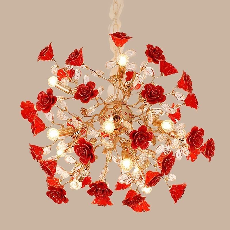 Luxus Pendelleuchte Keramik Rote Blume Kronleuchter