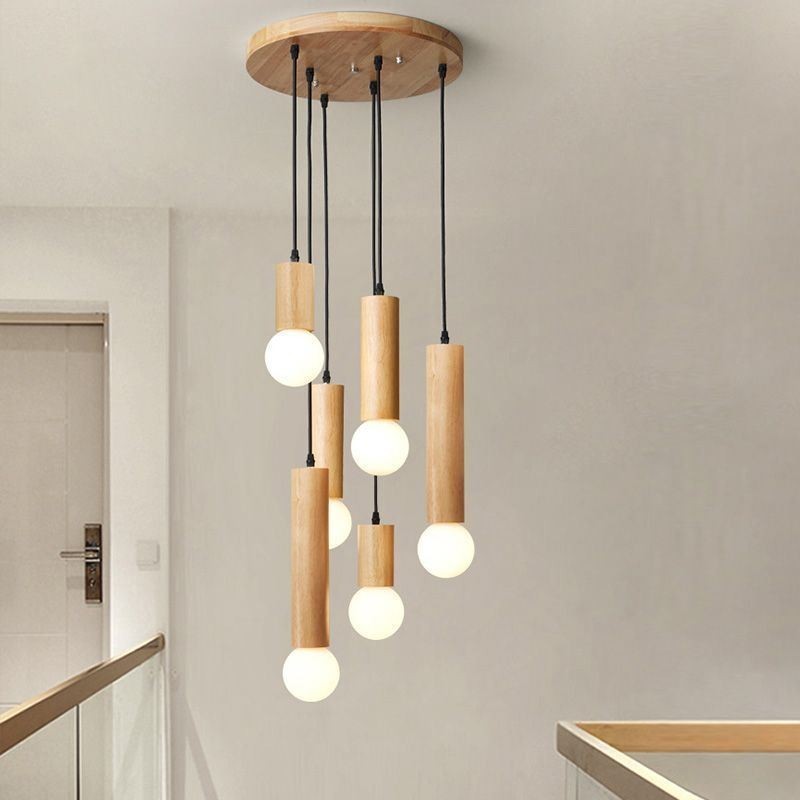 Japanische Holz Pendelleuchte 6 Lichter Hängeleuchte