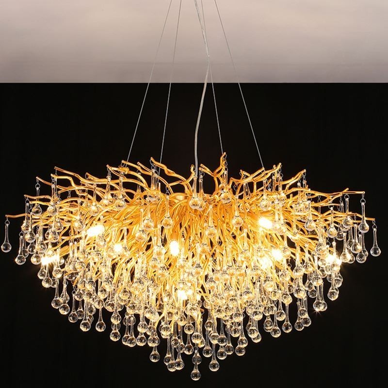 Nordischer Kristall-Kronleuchter mit Blumenmuster, runder Schirm, Luxus-Gold-Pendelleuchte
