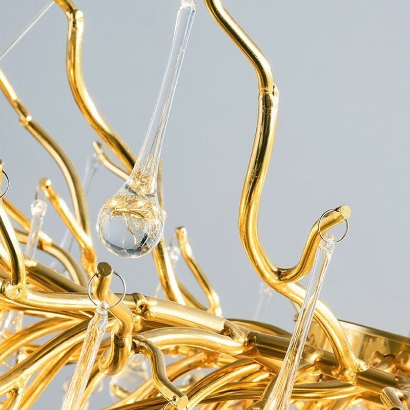 Nordischer Kristall-Kronleuchter mit Blumenmuster, runder Schirm, Luxus-Gold-Pendelleuchte
