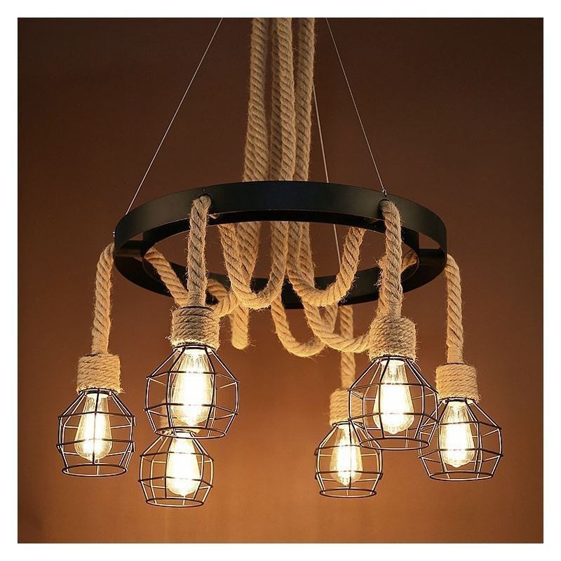 Retro-Stil 6 Köpfe Pendelleuchte Hanfseil Kronleuchter mit Eisen Lampenschirm