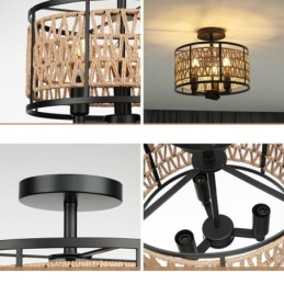Retro Deckenleuchte Schwarz Eisen Papier Seil Deckenlampe 3 Lichter