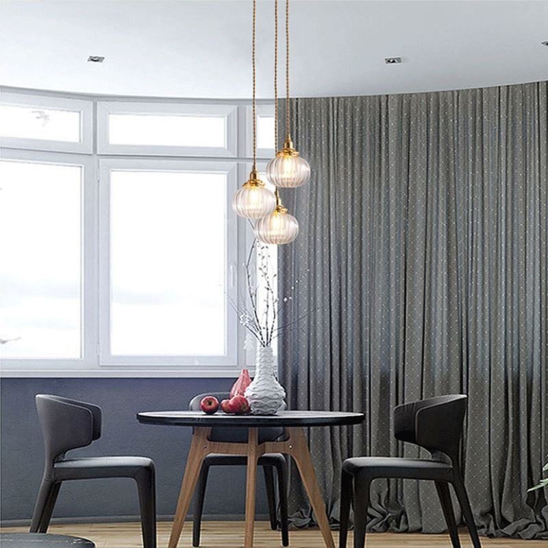 Glas Pendelleuchte Klar Rund Gerippt Kürbisform Lampe 1 Licht