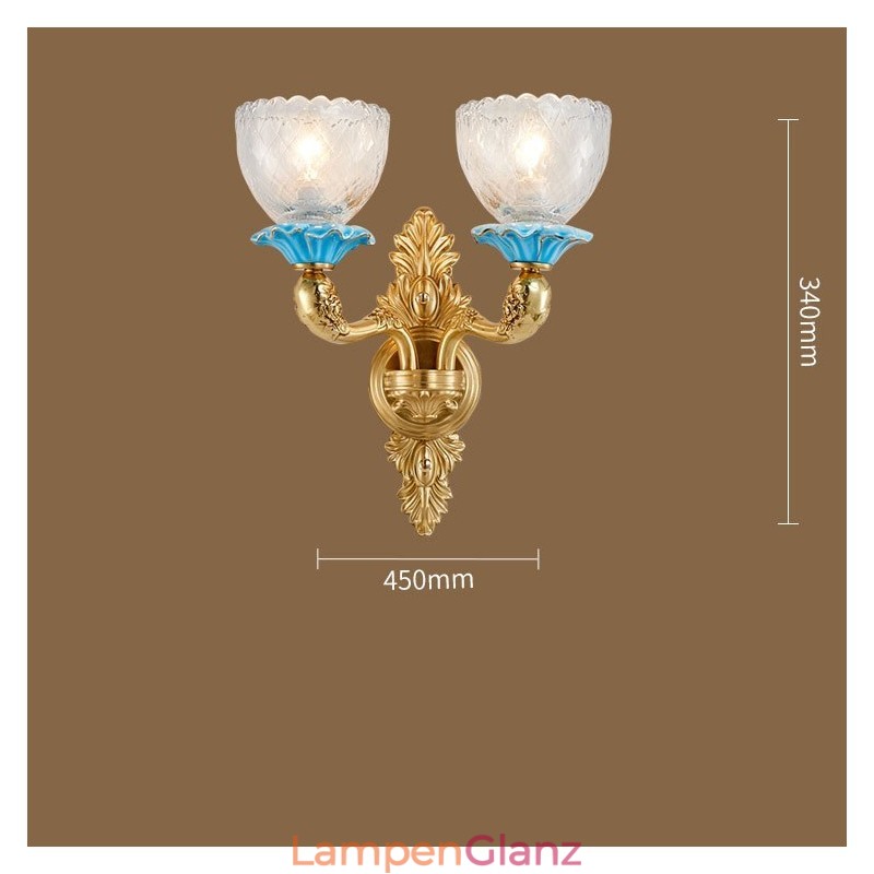 100 % reines Messing, luxuriöse rustikale Retro-Vintage-Keramik-Kerzen-Wandleuchte mit 2 Lichtern und Glasschirmen, speziell für Hotels, Büros, Ausstellungsräume, Wohnzimmer und Esszimmer