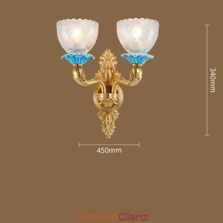 100 % reines Messing, luxuriöse rustikale Retro-Vintage-Keramik-Kerzen-Wandleuchte mit 2 Lichtern und Glasschirmen, speziell für Hotels, Büros, Ausstellungsräume, Wohnzimmer und Esszimmer