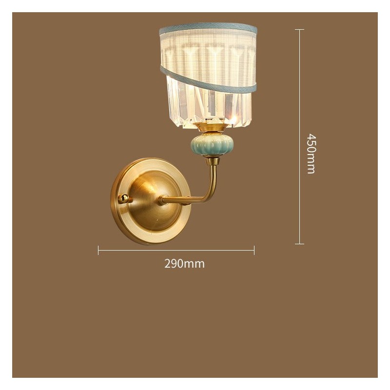 Reines Messing, luxuriöse rustikale Retro-Vintage-Keramik-Kerzen-Wandleuchte mit 1 Licht, Stoff- und Kristallschirm, speziell für Hotel, Büro, Ausstellungsraum, Wohnzimmer, Esszimmer