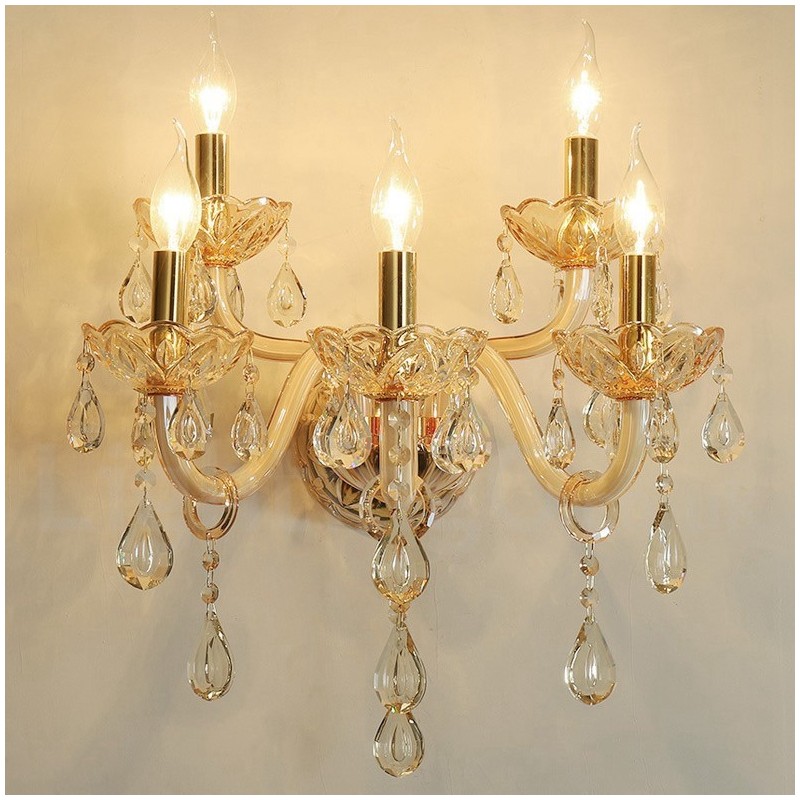 5-flammige goldene K9-Kristallkerzen-Wandleuchte im Retro-Stil aus Glas