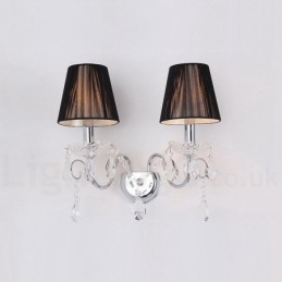 2-flammige Wandleuchte aus chromsilberfarbenem K9-Kristall, Kerzenform, Retro-Glas, mit schwarzen Stoffschirmen