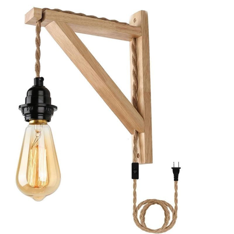 Massivholz Wandleuchte American Pastoral Retro Hanfseil Wandleuchte mit Stecker