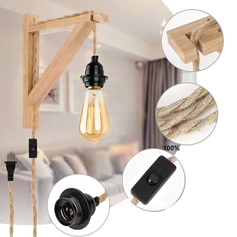 Massivholz Wandleuchte American Pastoral Retro Hanfseil Wandleuchte mit Stecker