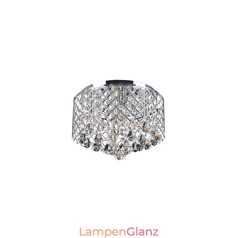 Moderne Deckenleuchte aus Kristallglas mit 4 Lichtern und trommelförmigem Lampenschirm aus Metall