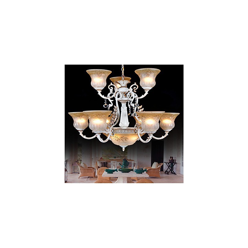 Weiß Kronleuchter Zwölf Lichter Muster Glas Schatten Hand Vergoldet Europäischen Retro