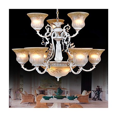 Weiß Kronleuchter Zwölf Lichter Muster Glas Schatten Hand Vergoldet Europäischen Retro Weiß Kronleuchter Zwölf Lichter Muster Glas Schatten Hand Vergoldet Europäischen Retro