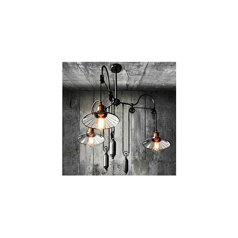 Vintage Pully Pendelleuchte 3 Insel Foyer Metall + Glas im Schirm